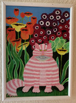 Striped Pink Cat in front of Flowers by "K"